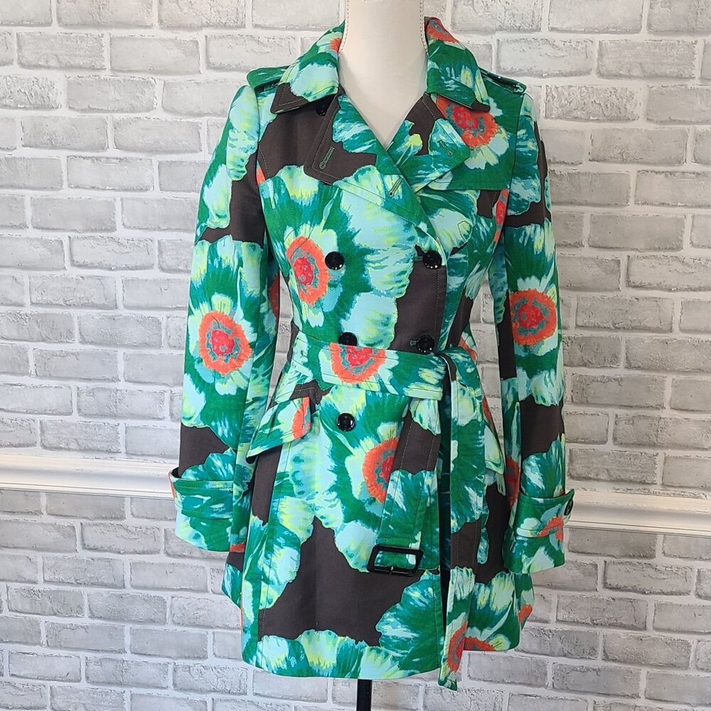 Banana Republic Cotton Blend Floral Belted Trench Coat Artsy Bold Print Women XS